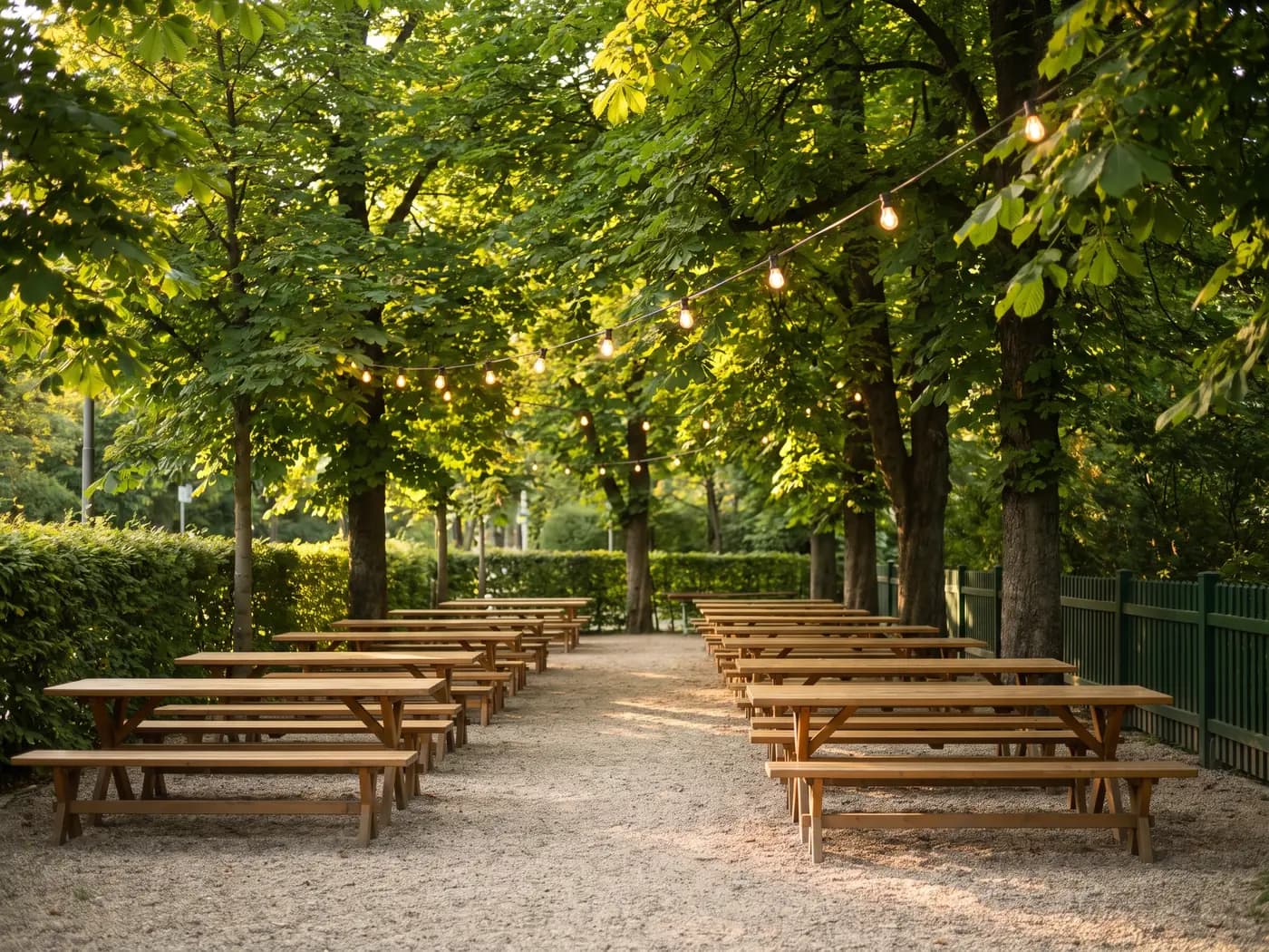 Symbolbild: leerer Biergarten mit langen Holztischen unter Kastanien, Lichterkette im Blattwerk. Nicht der Biergarten des Kladower Hofs.