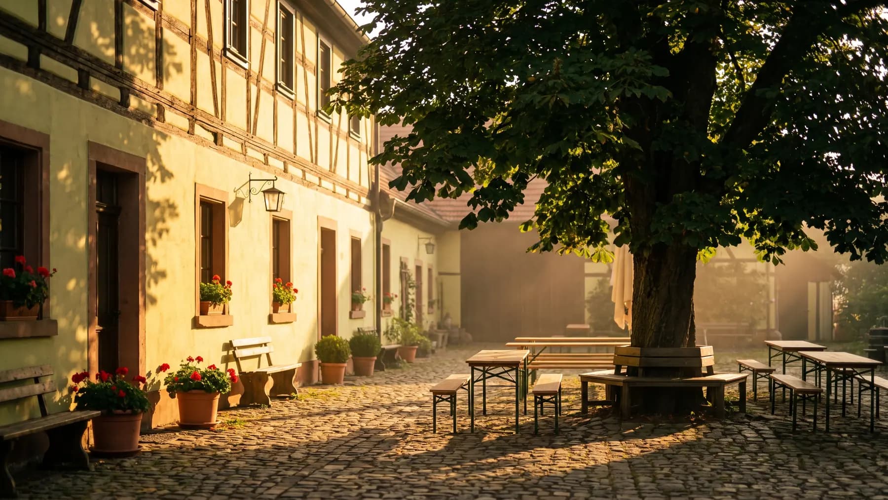 Symbolbild: Hof eines ländlichen Gasthauses im Abendlicht, Kastanienbaum, Kopfsteinpflaster und leere Holztische. Nicht der Kladower Hof.